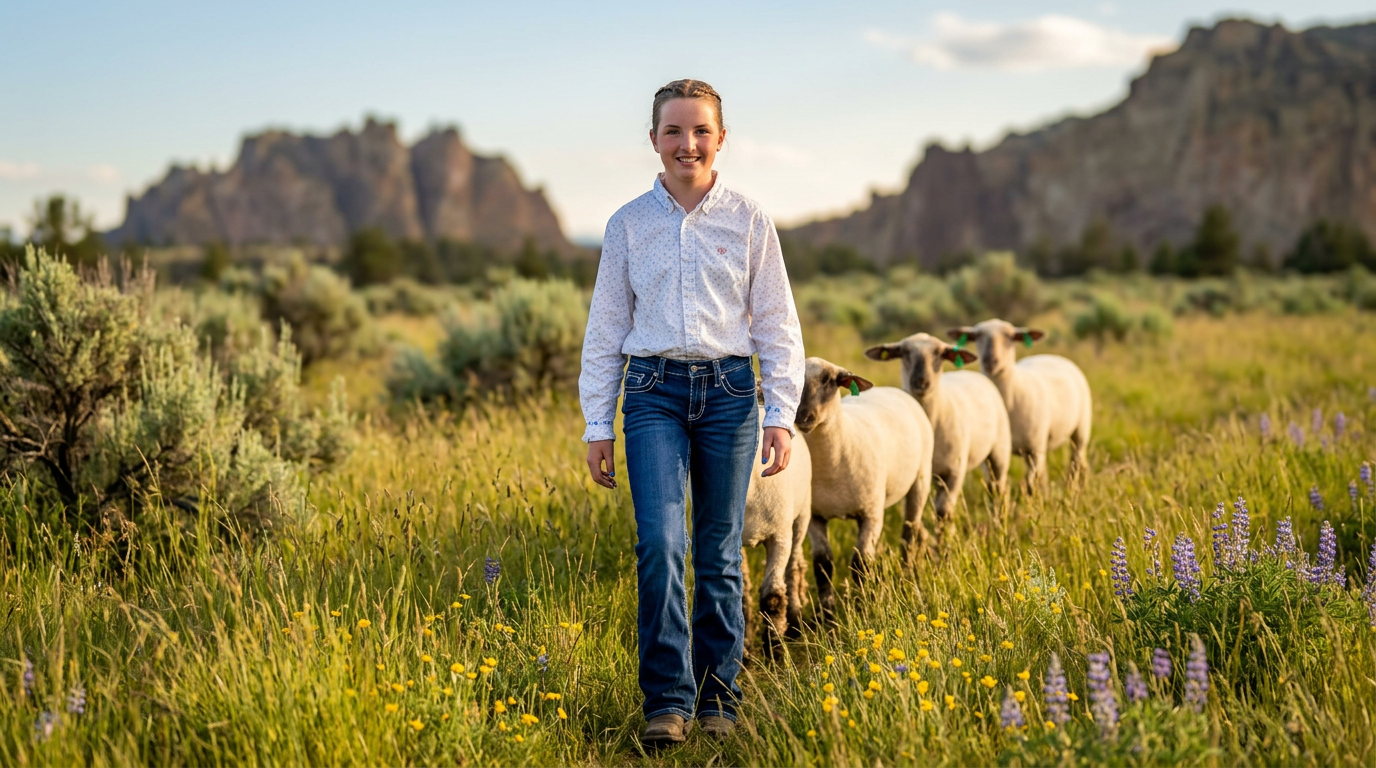 Virginia walking with her market lambs through the Central Oregon high desert